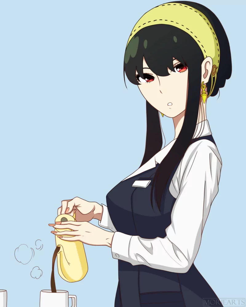 Yor Forger from the anime Spy x Family is shown preparing coffee, wearing a yellow headband and a black dress over a white shirt against a light blue background.