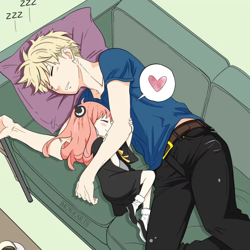 Loid Forger and Anya Forger from Spy x Family anime asleep on a couch; Loid snoozing, Anya cuddled to his chest with a heart speech bubble.