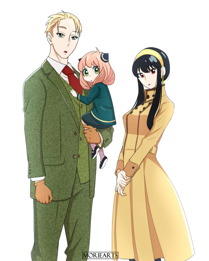 Spy x Family anime portrait: Loid Forger in a green suit holds daughter Anya, while Yor Forger stands beside them in a yellow dress against a white background.