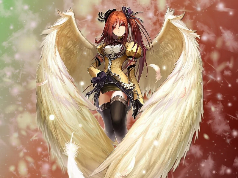 An anime character from Aquarian Age, featuring orange hair, red eyes, and wings, smiles while wearing a hat, thigh-highs, and a stylish skirt against a colorful background.