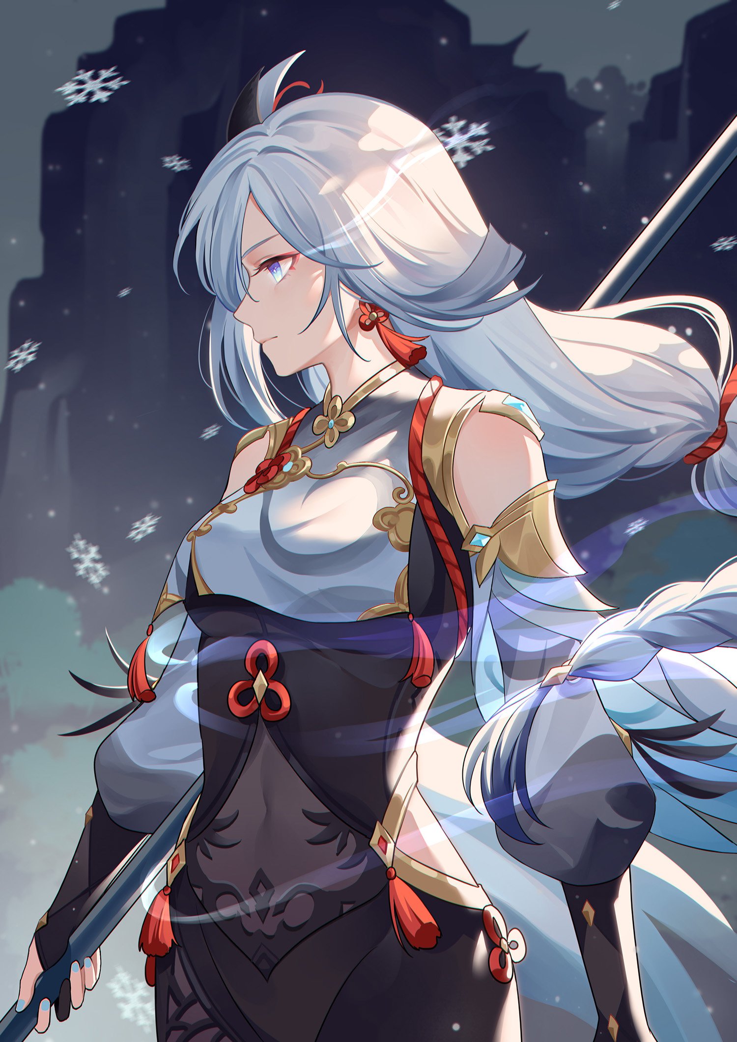 Shenhe (Genshin Impact), a character from the video game Genshin Impact, stands in a snowy night with pale blue braided hair, wearing white-and-black ceremonial robes with red tassels and a polearm.