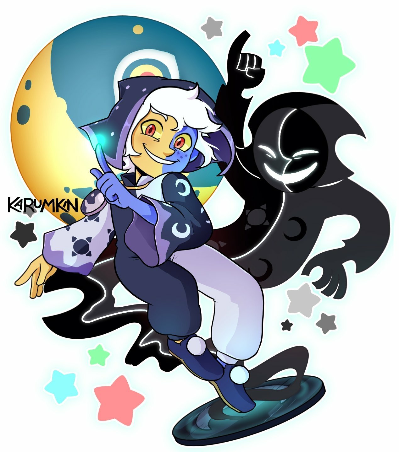 The Collector from The Owl House: whimsical white-haired figure in blue cloak with a glowing multicolored eye, playful shadowy double behind, moon and colorful stars in the background.