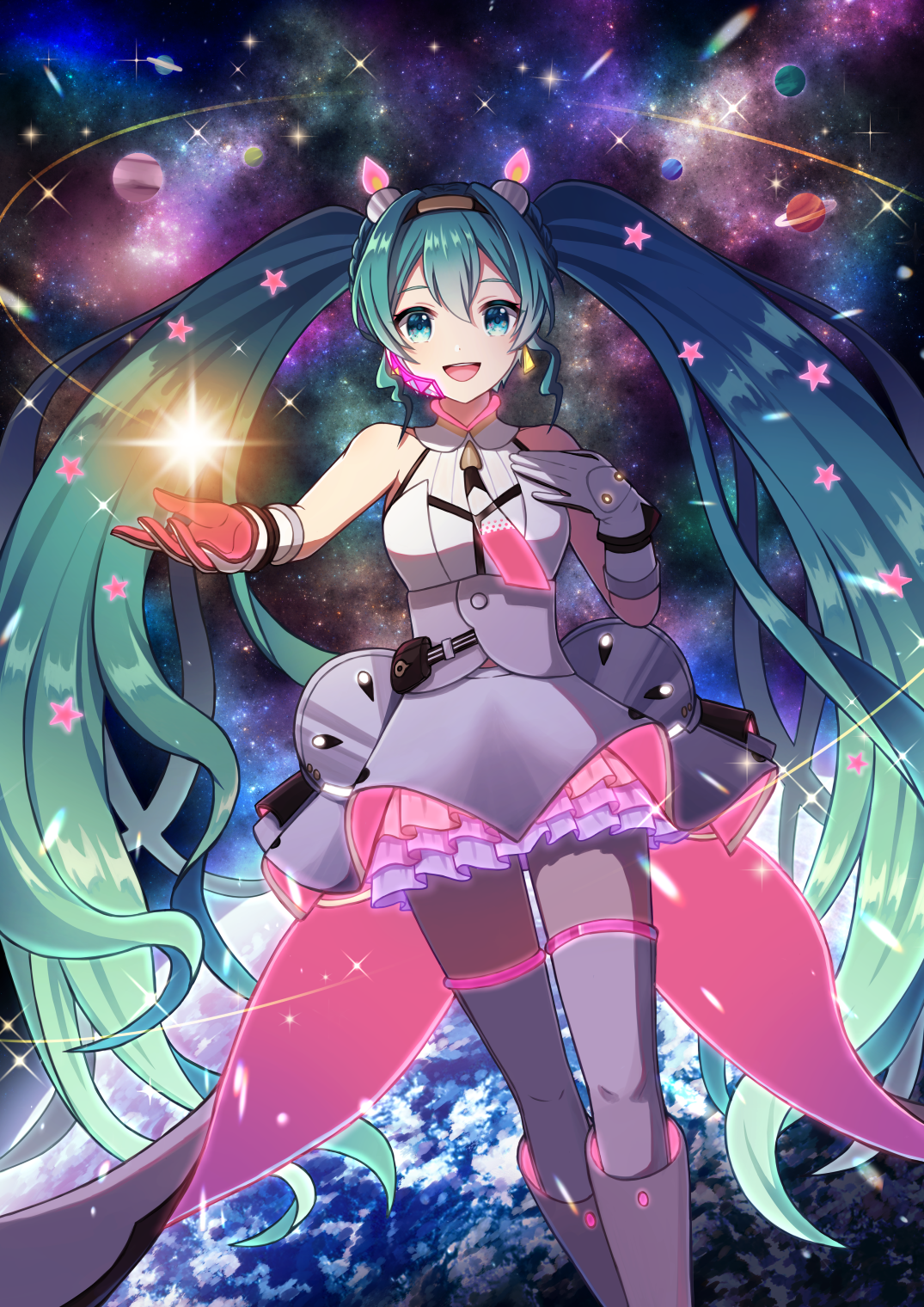Hatsune Miku (Vocaloid) in a vibrant anime space scene: teal twin-tails, futuristic outfit, smiling and holding a glowing star against a starry galaxy backdrop.