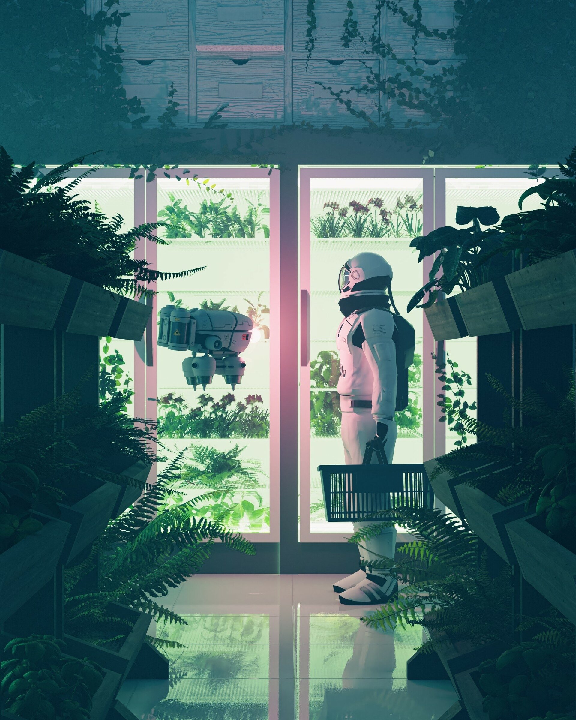 Download Sci Fi Astronaut Robot Greenhouse Futuristic Art