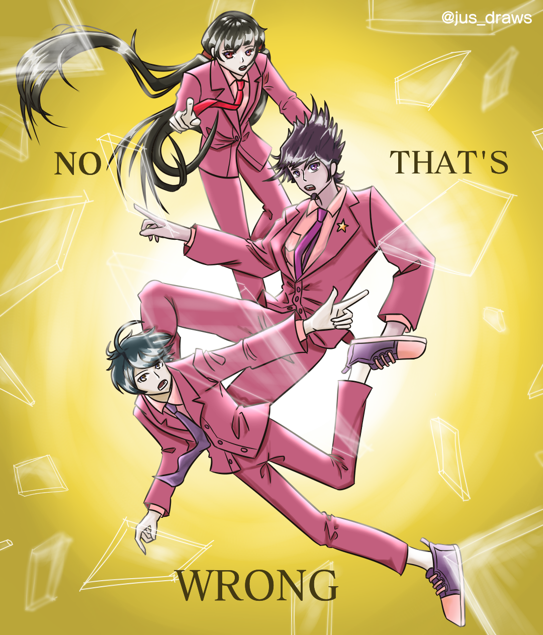 Maki Harukawa, Kaito Momota, Shuichi Saihara shattering glass by justustsai