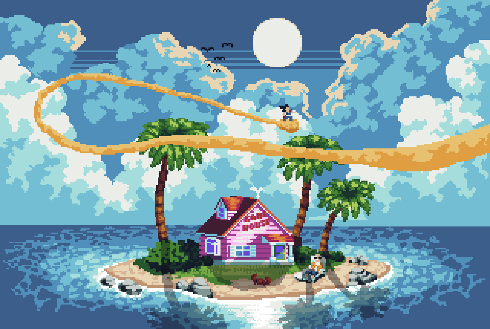 Pixel-art of Dragon Ball's Kame House on a tiny palm island under a moonlit sky, with Goku flying overhead trailing an orange energy streak.