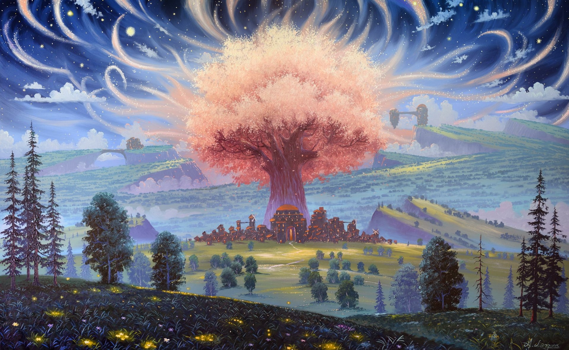 A majestic glowing tree stands at the center of a fantasy forest under a swirling, star-filled night sky, surrounded by rolling hills and distant stone arches.