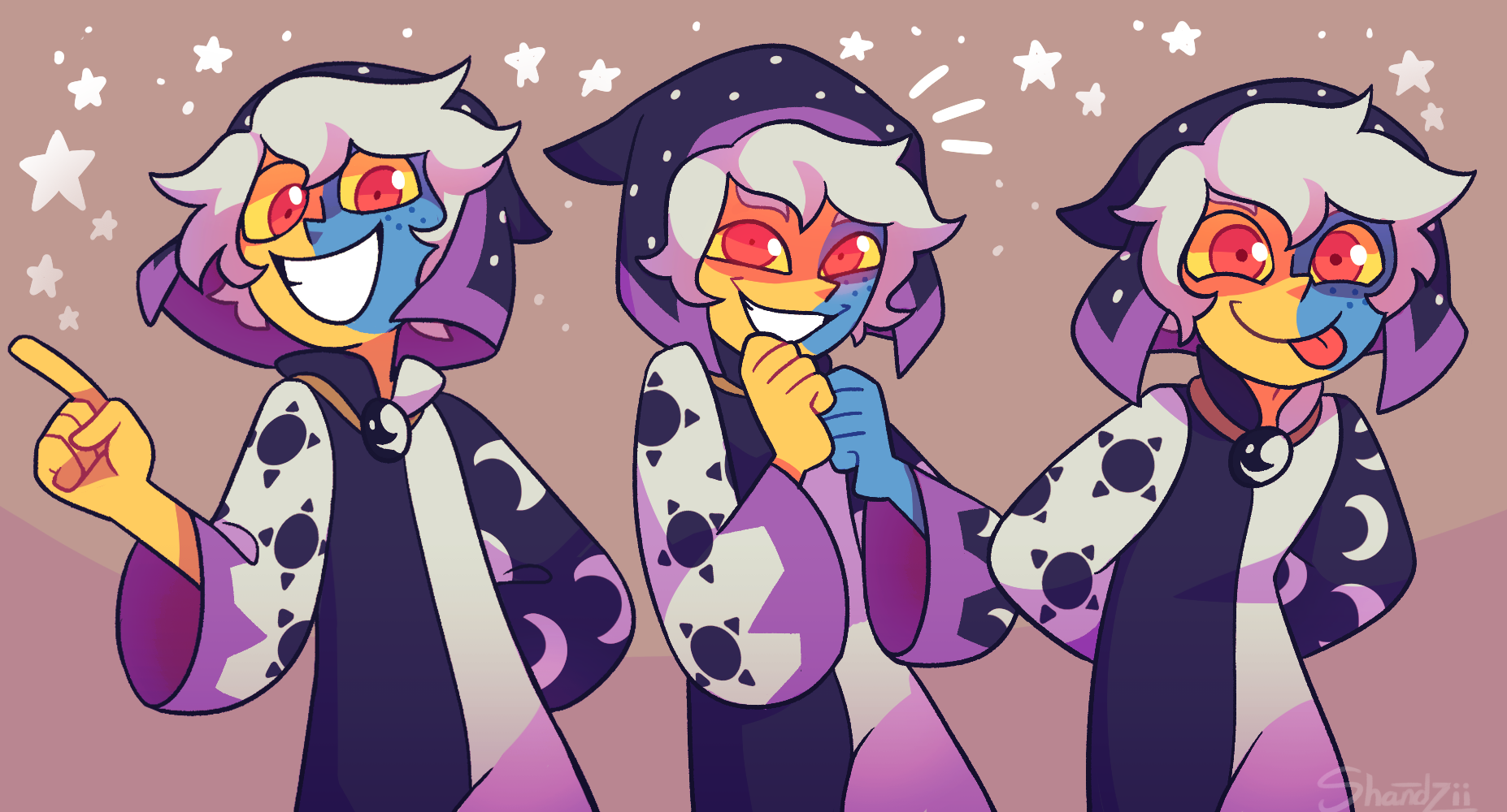 The image features The Collector from the TV show The Owl House in three expressive poses against a gradient background.