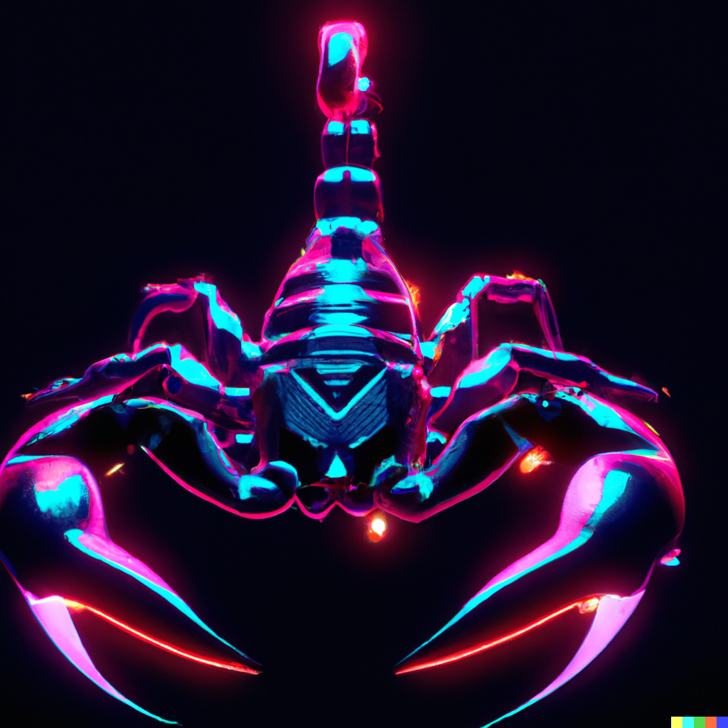 Dalle2-rendered animal scorpion: neon cyberpunk colors, glossy blue and magenta exoskeleton, raised tail and glowing pincers against a dark background