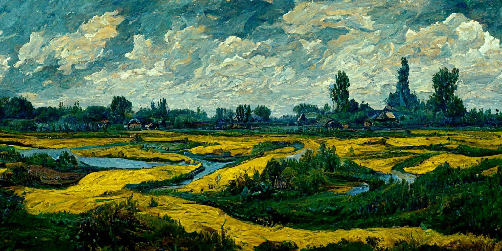 Artistic painting of a vibrant landscape featuring winding yellow fields, green vegetation, tall trees, and a dramatic, cloudy sky.