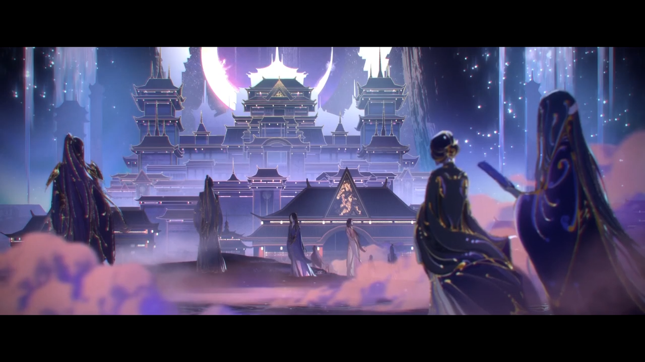 Anime, donghua: robed figures on misty clouds face a luminous moonlit palace of ornate pagodas, with cascading lights and a starry, ethereal night sky.