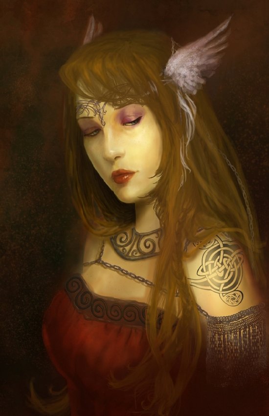 A serene woman with long, flowing hair and Norse-inspired accessories gazes thoughtfully, embodying elements of fantasy and mythology with intricate tattoos and elegant attire.