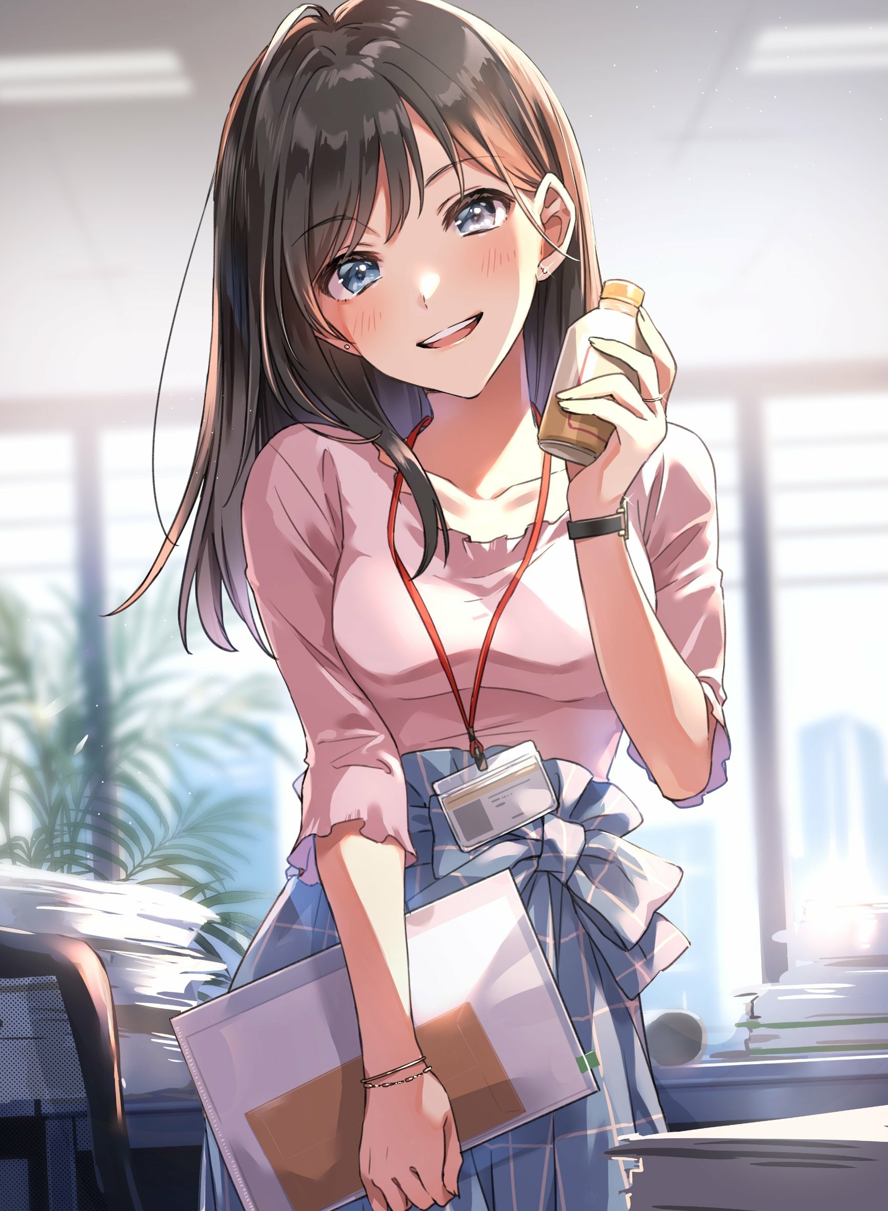 Anime girl smiling in a sunlit office, wearing a pink top and ID lanyard, holding a drink bottle and folders.