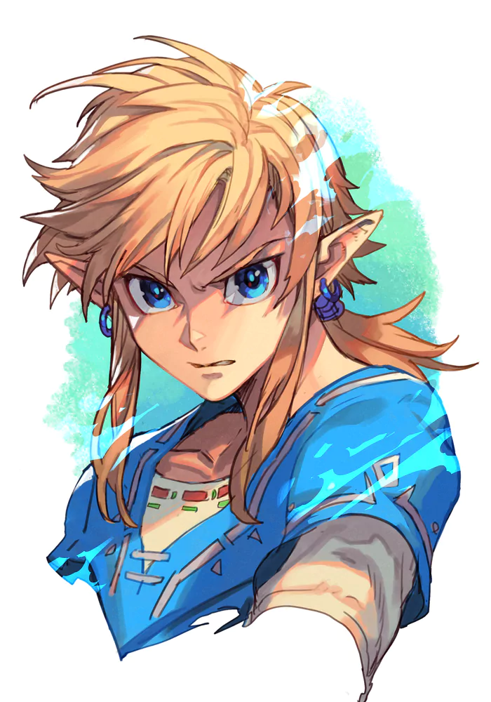 Stylized portrait of Link from the video game The Legend of Zelda: Breath of the Wild — intense gaze, blue Champion's Tunic, windswept blond hair and pointed ears.