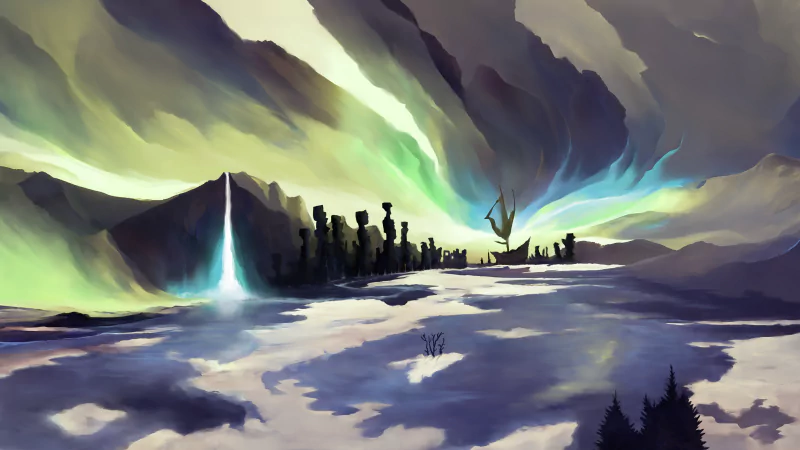  Digital painting of an aurora borealis above a shipwreck in a frozen land