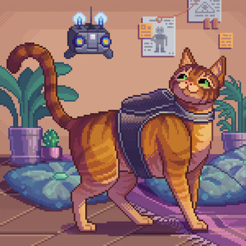 Pixel art of an orange tabby cat wearing a futuristic harness, standing in a cozy room with plants and a floating drone, inspired by the video game Stray.