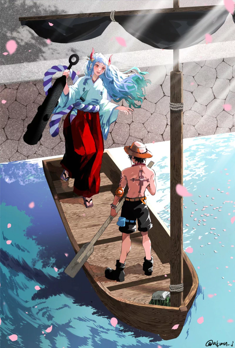 Yamato and Portgas D. Ace from One Piece on a wooden boat at sea — Yamato brandishing a kanabo, Ace holding an oar, cherry petals drifting in this anime scene.