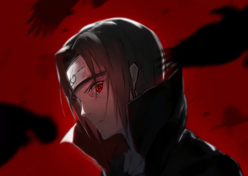Itachi Uchiha from Naruto anime, depicted with glowing red Sharingan eyes against a dark red background with shadowy hands.