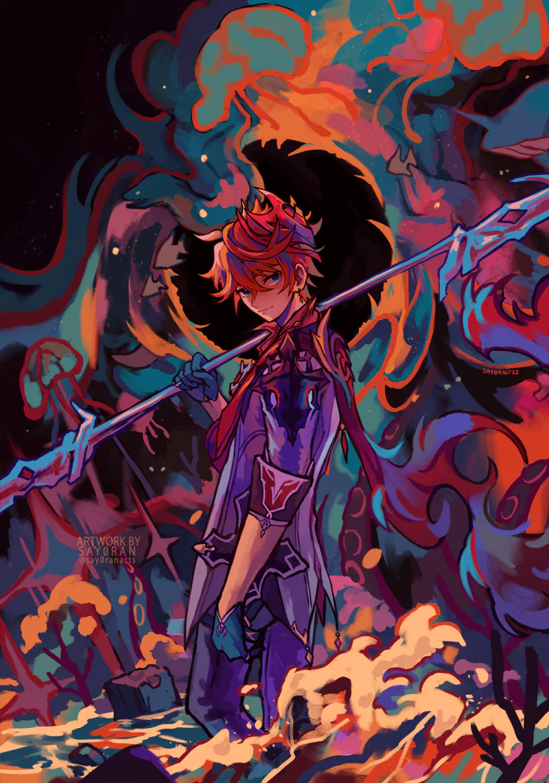 Tartaglia (Childe) from the video game Genshin Impact stands with a polearm amid swirling water and flame motifs, rendered in vivid neon colors.