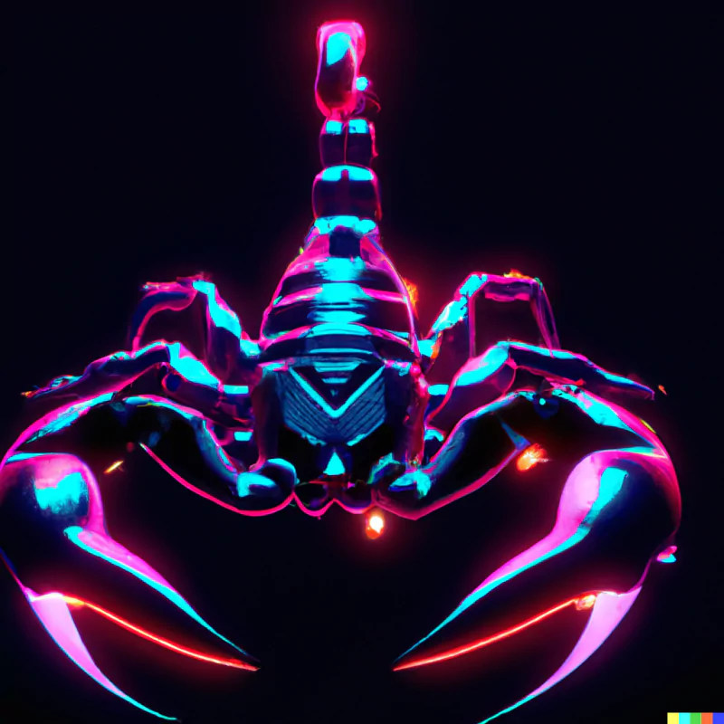 Dalle2-rendered animal scorpion: neon cyberpunk colors, glossy blue and magenta exoskeleton, raised tail and glowing pincers against a dark background