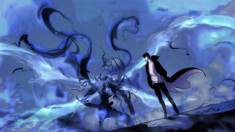 Anime-style scene from Solo Leveling showing a cloaked character facing a shadowy, monstrous figure amidst swirling blue energy.