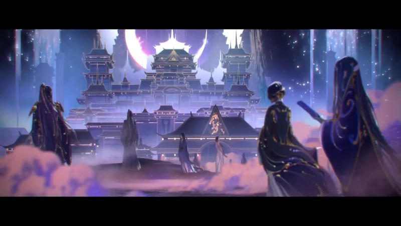 Anime, donghua: robed figures on misty clouds face a luminous moonlit palace of ornate pagodas, with cascading lights and a starry, ethereal night sky.
