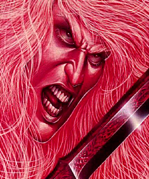 A furious figure with wild, flowing hair glares intensely, wielding a knife against a deep red background, embodying a dark and captivating fantasy aesthetic.