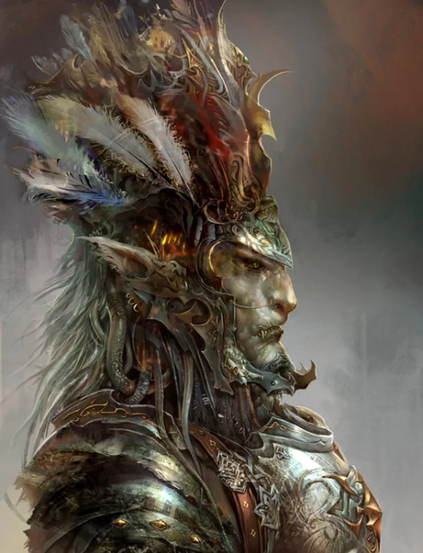 A dark warrior adorned in intricate armor, featuring an elaborate helmet with feathers, gazes confidently to the side, embodying strength and nobility.