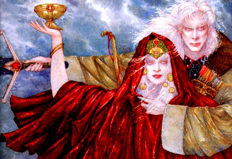 A dark fantasy scene featuring a regal figure in a flowing red robe holding a chalice, alongside a mysterious companion with piercing eyes, set against a stormy backdrop.