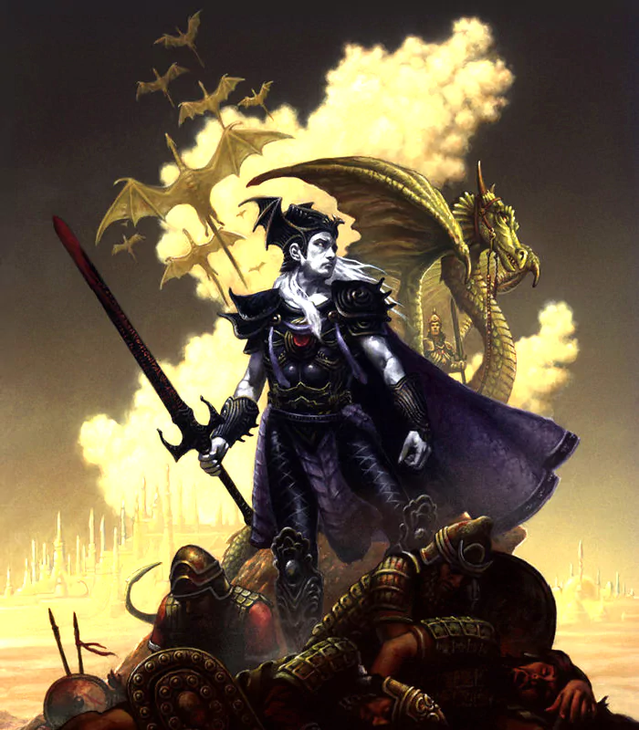 A dark fantasy scene featuring a formidable figure in armor wielding a sword, standing triumphantly on a pile of defeated foes, with a dragon looming in the background.