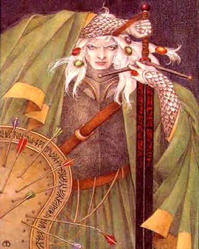 A dark fantasy warrior stands confidently, clad in a flowing green cloak and dragon-scale armor, wielding swords and surrounded by a circular shield adorned with arrows.