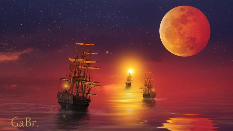A fantasy scene of ships sailing across calm waters under a vibrant sunset sky with a large, glowing red moon.