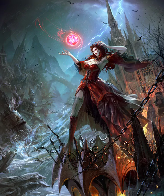 A dark fantasy scene featuring a vampire in a flowing red gown, conjuring a glowing orb of energy amidst a stormy backdrop with a gothic castle and barren landscape.