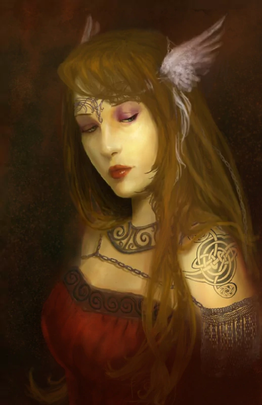 A serene woman with long, flowing hair and Norse-inspired accessories gazes thoughtfully, embodying elements of fantasy and mythology with intricate tattoos and elegant attire.