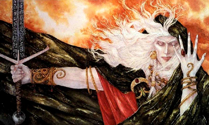 A dark fantasy scene featuring a powerful figure shrouded in flowing black and red garments, wielding a sword, with striking white hair and an intense gaze against a fiery background.