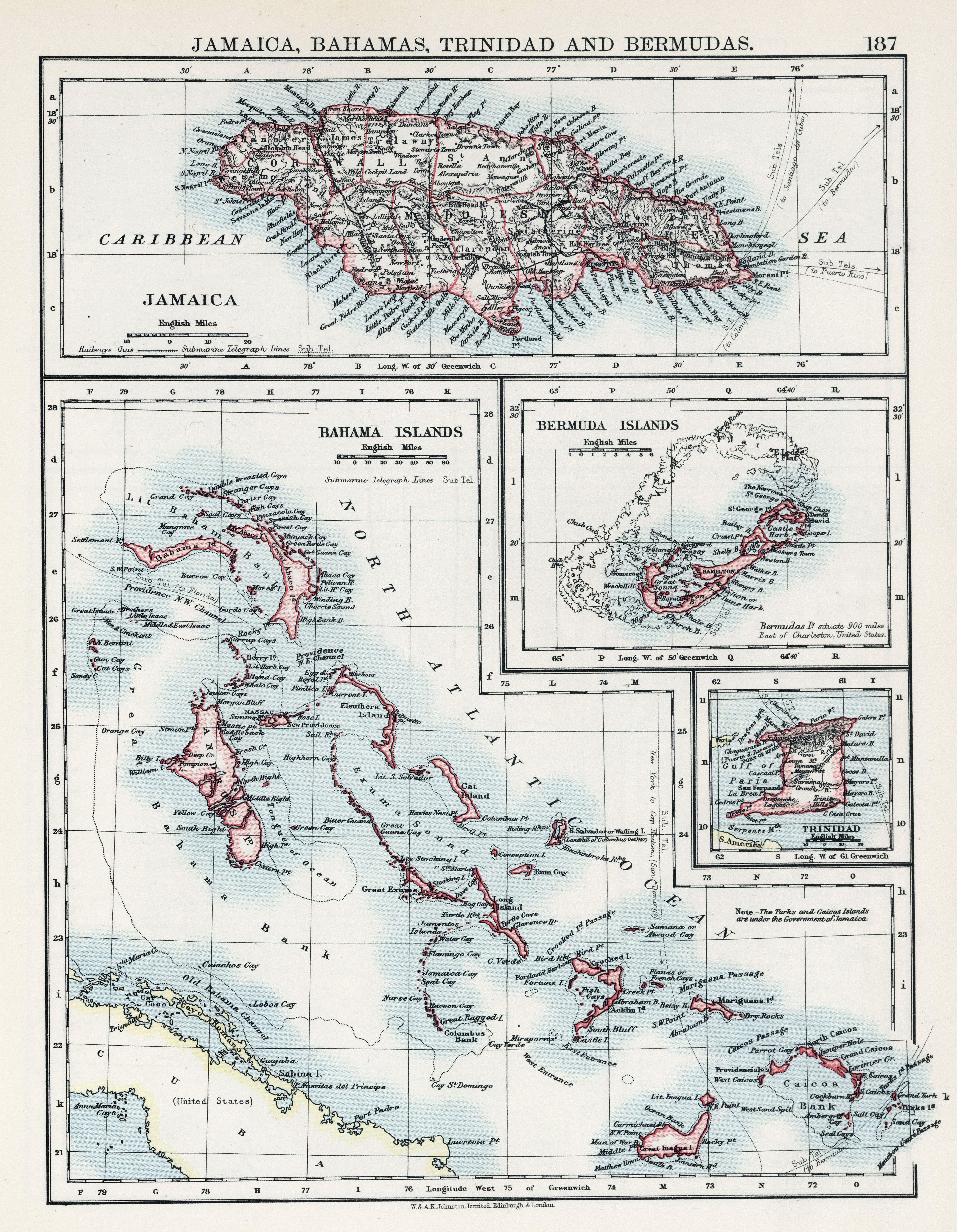 Jamaica, Bahamas, Trinidad and Bermudas Map of 1906