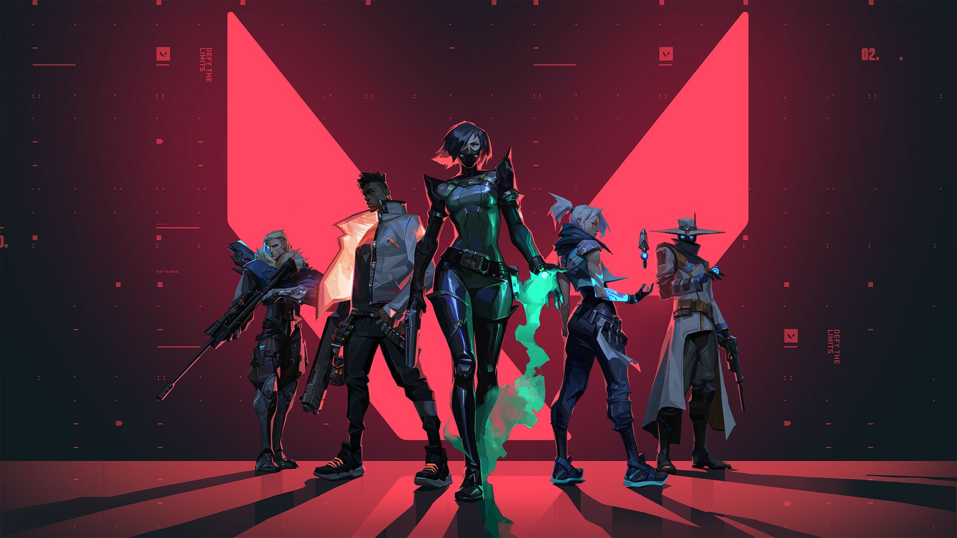 A dynamic lineup of Valorant characters: Cypher, Sova, Viper, Phoenix, and Jett, set against a striking red and black backdrop, showcasing the game's intense atmosphere and teamwork.
