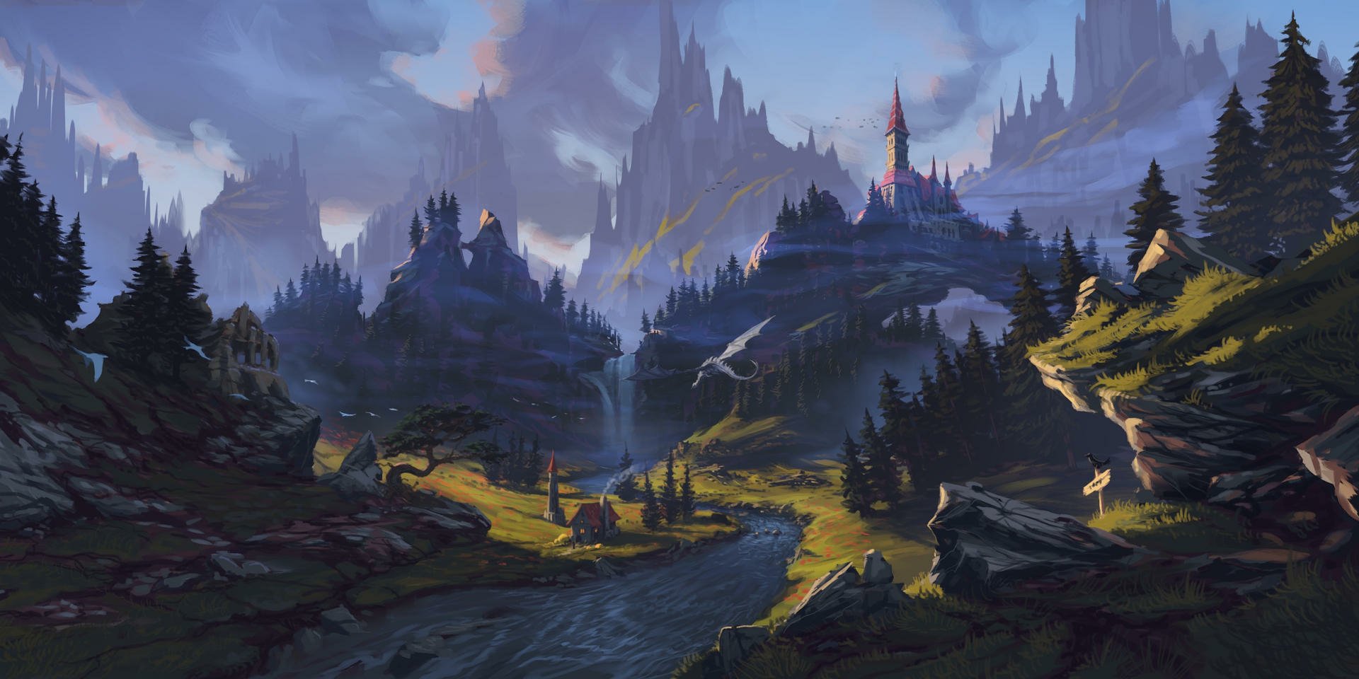 A breathtaking fantasy landscape featuring towering mountains, a winding river, dense forests, and a distant castle under a vibrant, cloudy sky.