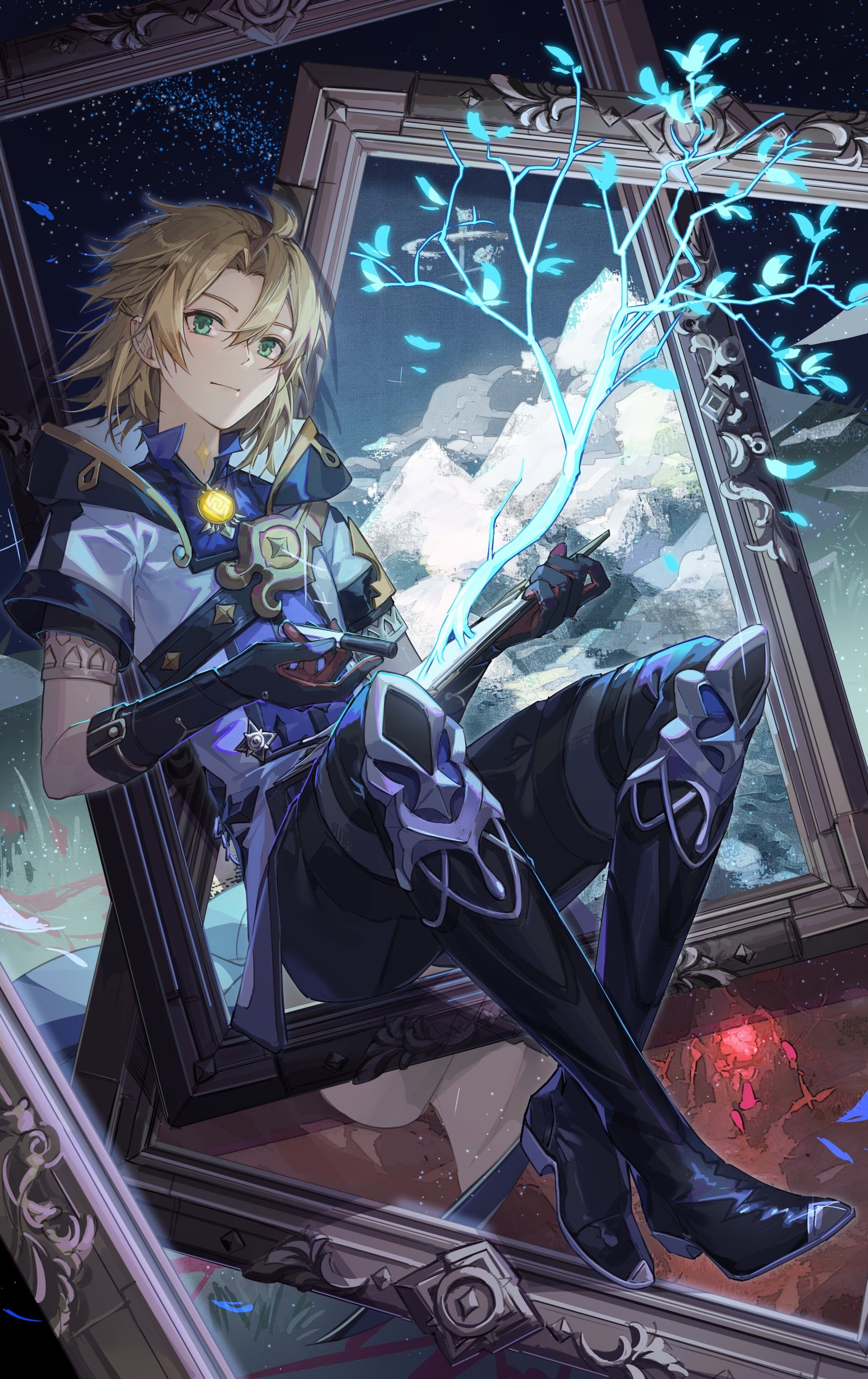 Albedo from Genshin Impact is depicted sitting within a large ornate frame, holding a glowing blue branch under a starry night sky with mountains in the background.