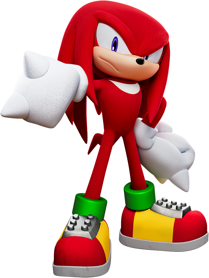 Knuckles the Echidna from Sonic Frontiers stands confidently with clenched fists, showcasing his iconic red fur, large spiked gloves, and colorful shoes.