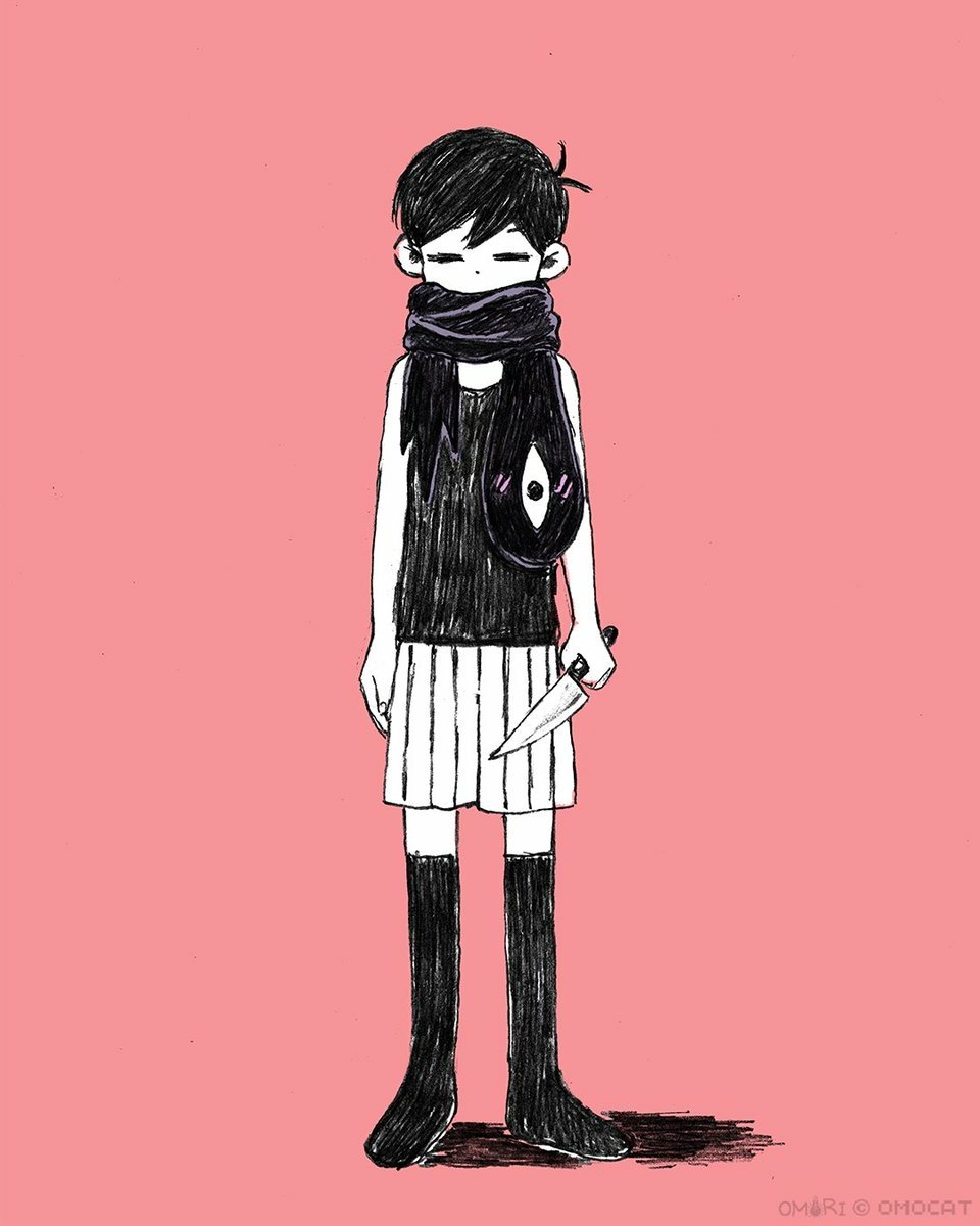 Sketch of Omori from the video game OMORI: monochrome young character with black hair, scarf with an eye motif, skirt and tall socks, holding a knife on a pink background.