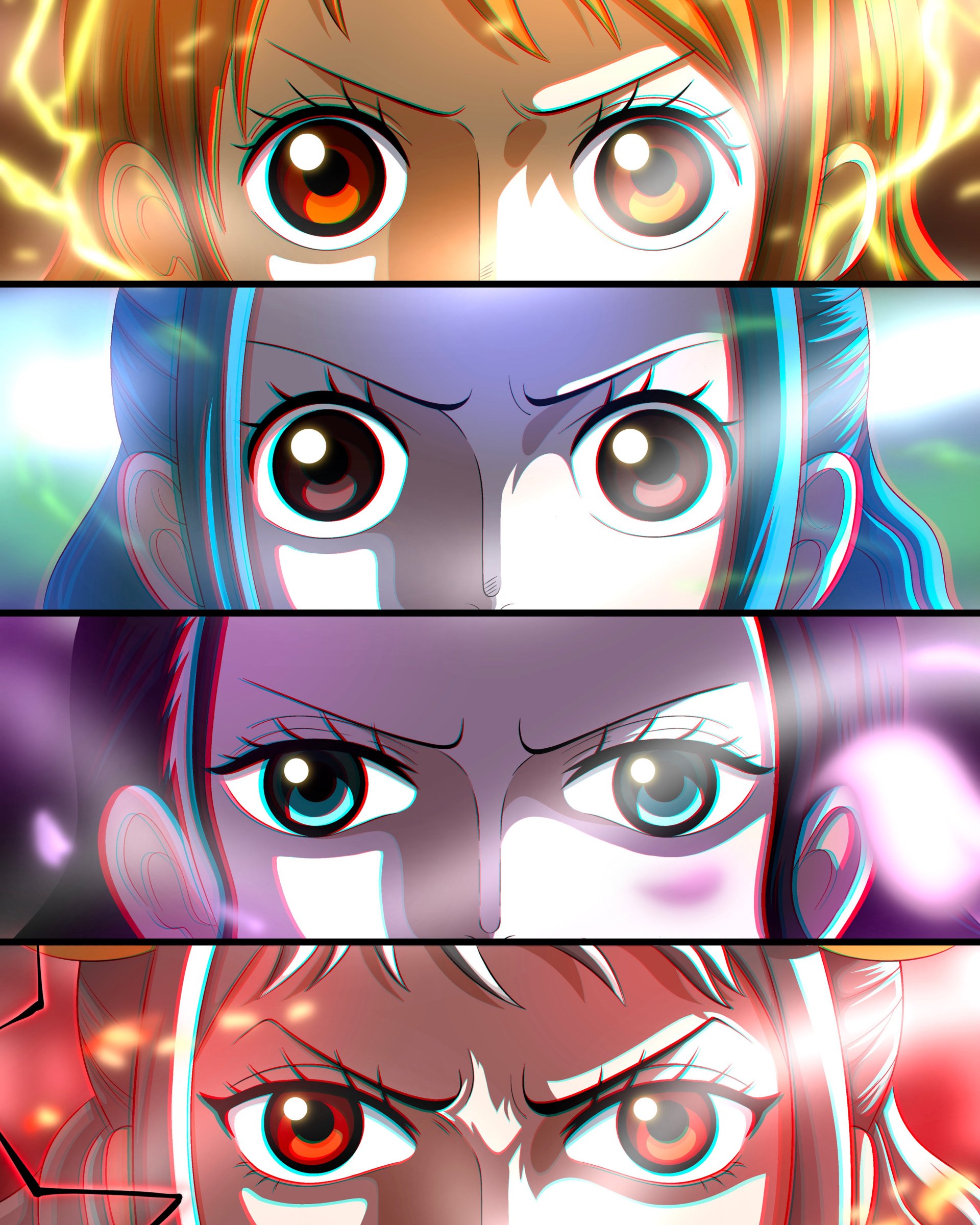 Stacked panels of four One Piece anime characters showing intense, glowing close-up eyes with dramatic lighting and color contrasts.