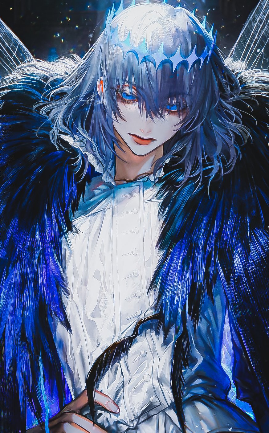 Anime-style character from Fate/Grand Order with silver hair, piercing eyes, a dark feathered cloak, and a regal, ethereal appearance against a glowing background.