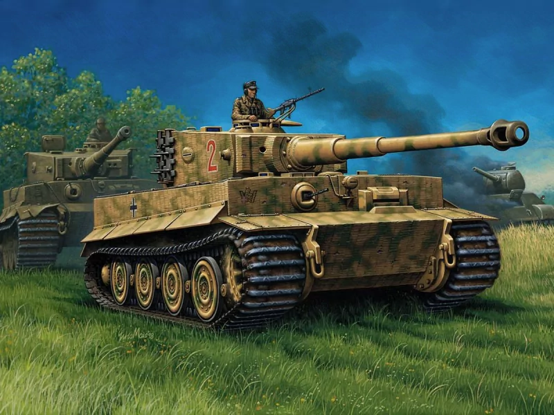A Tiger I tank is depicted on a grassy field, with a soldier manning the turret. In the background, additional military vehicles are visible under a dramatic sky.
