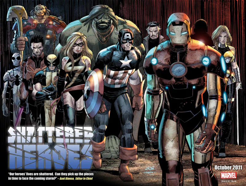 A vibrant comic art piece featuring Marvel heroes including Carol Danvers, Ms. Marvel, Hulk, Valkyrie, Wolverine, Captain America, and Iron Man, united in an action-packed scene.