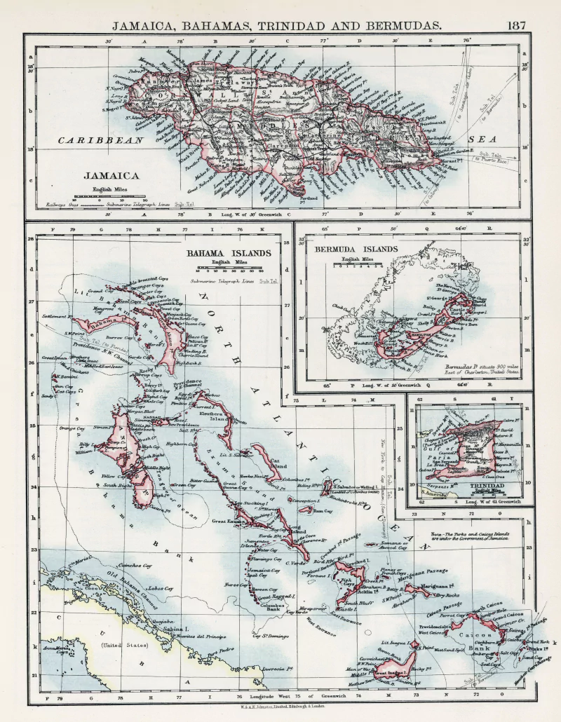  Jamaica, Bahamas, Trinidad and Bermudas Map of 1906