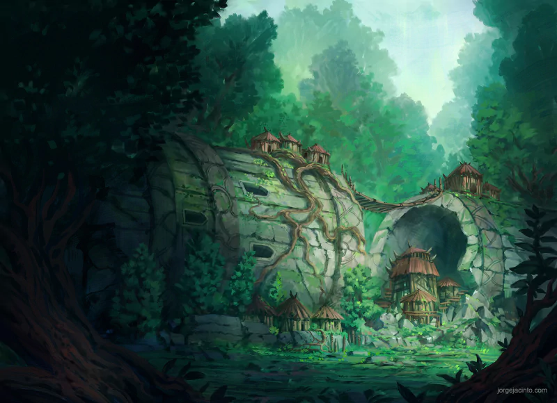 A fantasy city built into large, ancient stone structures overgrown with vines, surrounded by dense forest and bathed in soft, greenish light.