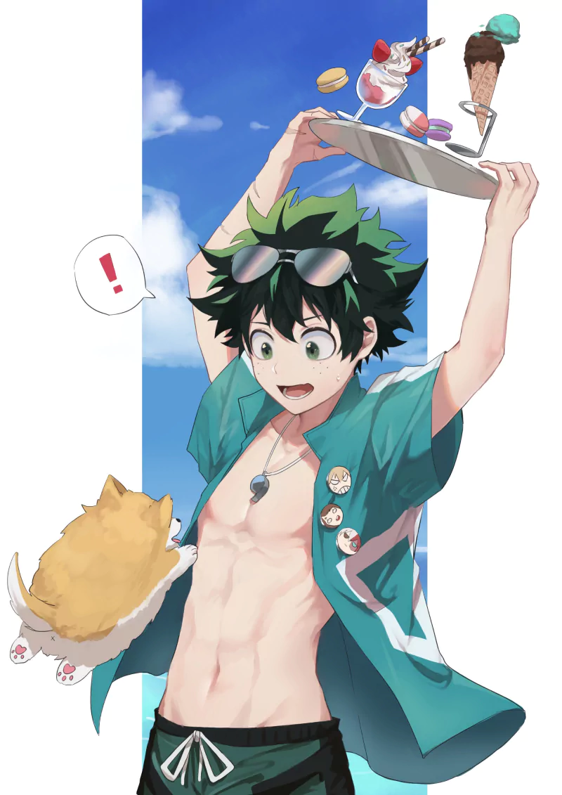 Izuku Midoriya from My Hero Academia balances a tray of desserts while a surprised corgi leaps up, set against a bright blue sky in this dynamic anime scene.