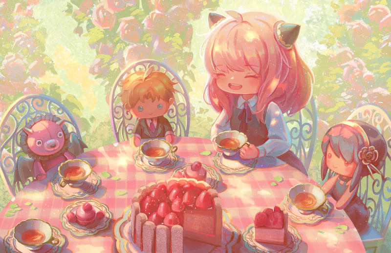 Anya Forger (Anime, Spy x Family) enjoying a sunny outdoor tea party with dolls, cups of tea and a strawberry cake in a pastel, whimsical illustration.