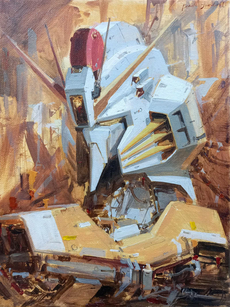 Anime-style Gundam mech robot: a white-blue armored head and bulky torso with red crest, mechanical limbs and pistons set against a gritty, futuristic backdrop.